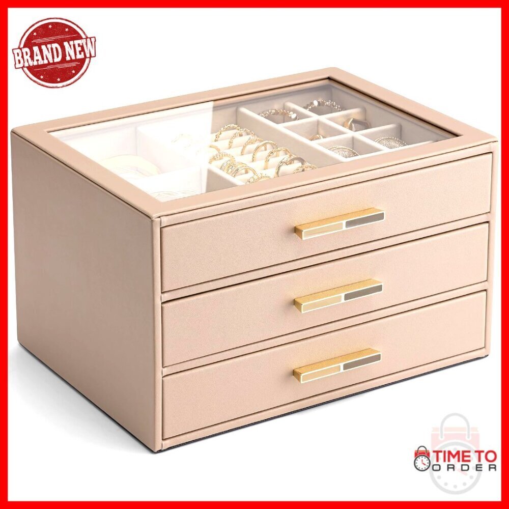 3 Layer Glass Lid Jewelry Organizer with Drawers for Necklaces Rings Earrings